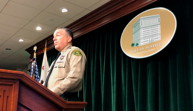 Los Angeles County Sheriff Alex Villanueva speaks at a news conference at the Hall of Justice in Los Angeles, Monday, March 16, 2020.