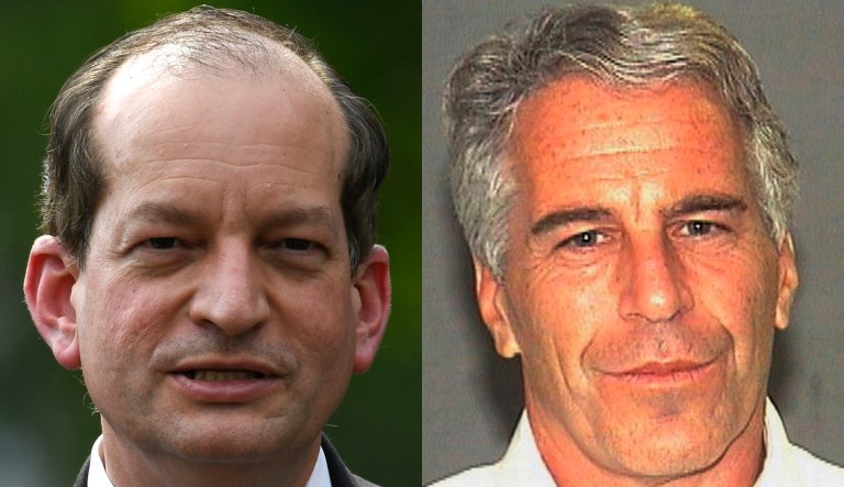 Former Secretary of Labor Alexander Acosta, left, and Jeffery Epstein, right.