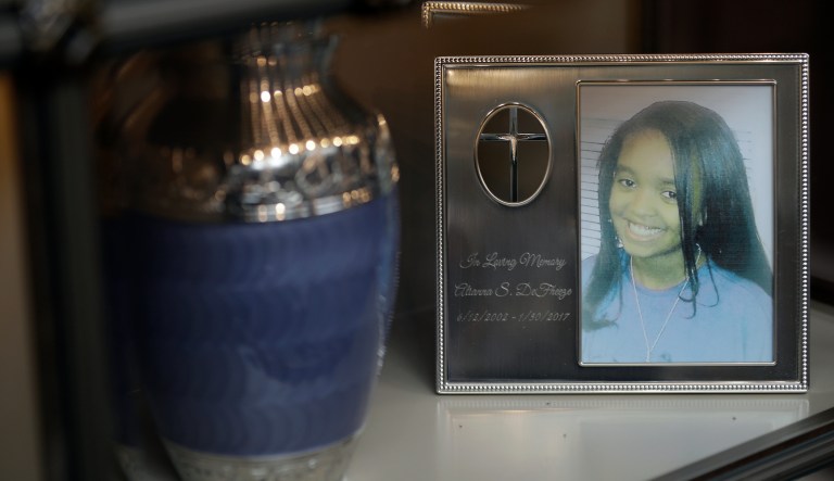 A photo and the remains of Alianna DeFreeze rest at Lake View Cemetery on Oct. 29, 2019, in Cleveland.
