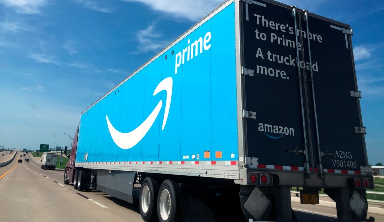 In this Aug. 19, 2018, photo an Amazon Prime truck travels south on Interstate 35 in Waco, Texas.