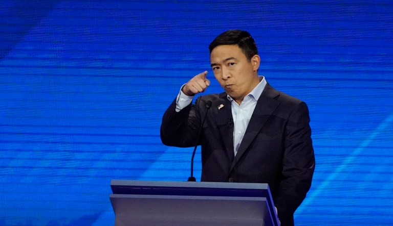 Democratic presidential candidate entrepreneur Andrew Yang speaks Thursday, Sept. 12, 2019, during a Democratic presidential primary debate hosted by ABC at Texas Southern University in Houston.