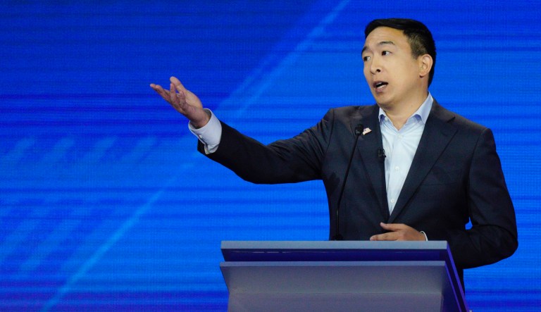 Democratic presidential candidate entrepreneur Andrew Yang gives his closing statement Thursday, Sept. 12, 2019, during a Democratic presidential primary debate hosted by ABC at Texas Southern University in Houston. 