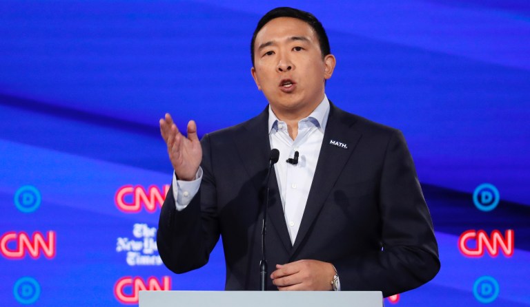 Democratic presidential candidate entrepreneur Andrew Yang participates in a Democratic presidential primary debate hosted by CNN/New York Times at Otterbein University, Tuesday, Oct. 15, 2019, in Westerville, Ohio.
