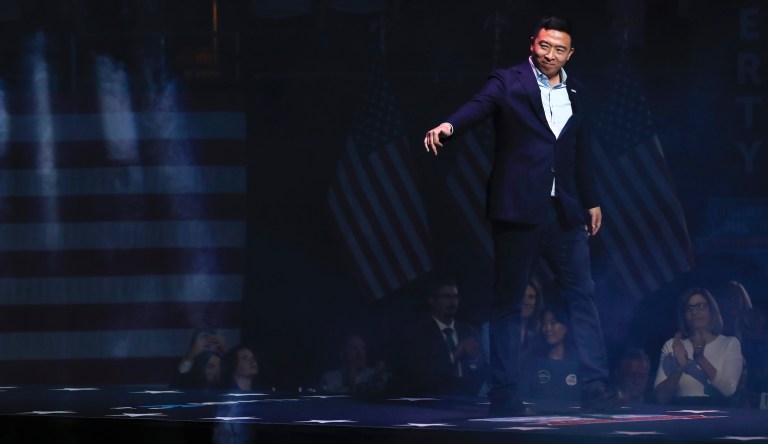 Democratic presidential candidate entrepreneur Andrew Yang walks on stage to speak at the Iowa Democratic Party's Liberty and Justice Celebration, Friday, Nov. 1, 2019, in Des Moines, Iowa. 