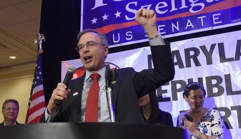 U.S. Rep. Andy Harris, a Maryland Republican, celebrates his election victory during an election night party held by the Maryland Republican Party, Tuesday, Nov. 8, 2016 in Linthicum, Md.