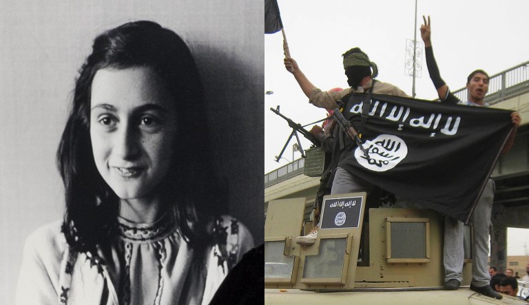 Anne Frank is pictured on the left; ISIS fighters are pictured on the right.