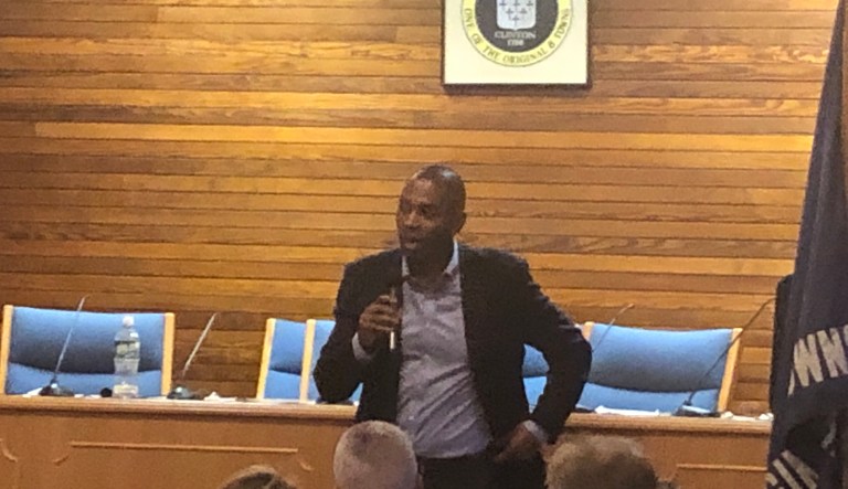 Rep. Antonio Delgado talks to his Rhinebeck constituents at a town hall meeting.