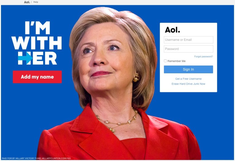 Hillary Reaches Base With AOL Login Page Ad