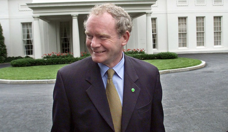 Martin McGuinness, the Sinn Fein's education minister, talks to reporters outside the White House Monday, June 19, 2000 after a meeting inside to discuss the Northern Ireland peace process in Washington. 