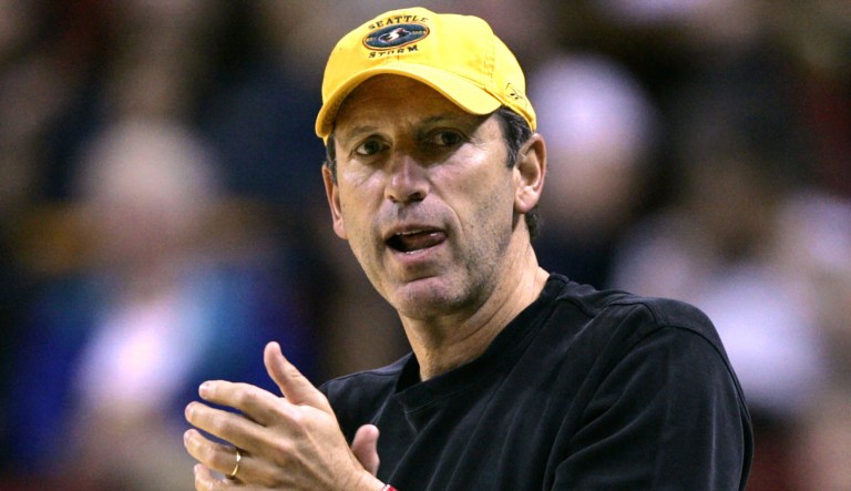 Seattle SuperSonics chairman Howard Schultz cheers during a Seattle Storm playoff game against the Sacramento Monarchs Sunday, Oct. 3, 2004, in Seattle. 