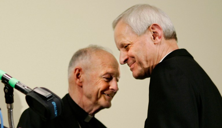 Then-Bishop Donald Wuerl (right) thanks the former Archbishop of Washington, Cardinal Theodore McCarrick, during a 2006 press conference.