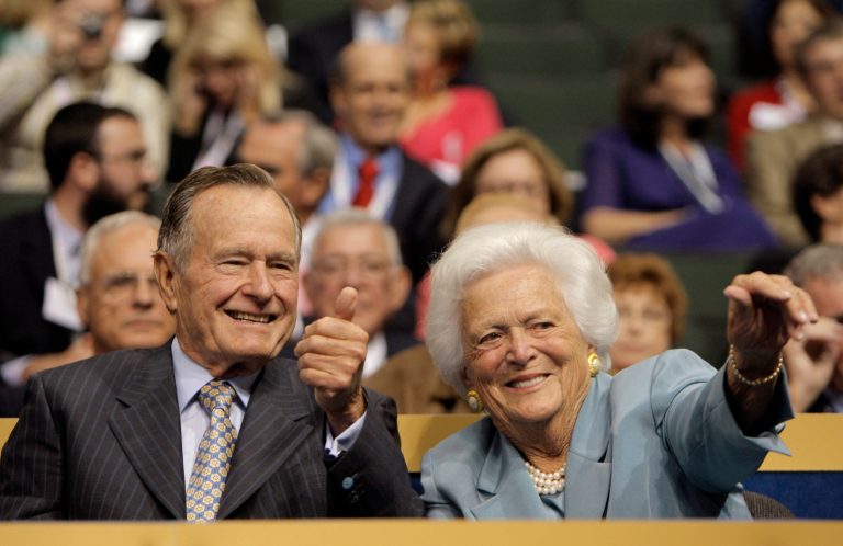 Former President George H.W. Bush and his wife, Barbara, wave to friends in the crowd during the Republican National Convention in St. Paul, Minn., Tuesday, Sept. 2, 2008.