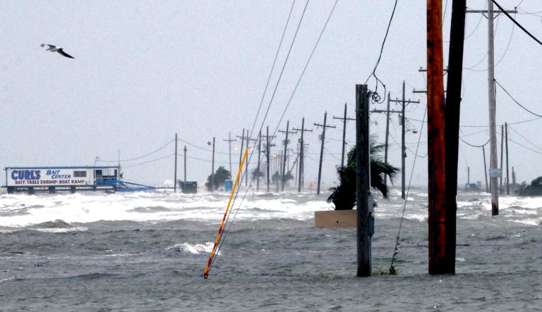 Floodwaters cover the Texas City dike Friday, Sept. 12, 2008 in Texas City, Texas. The storm surge from Hurricane Ike is expected to cause widespread flooding in the area.