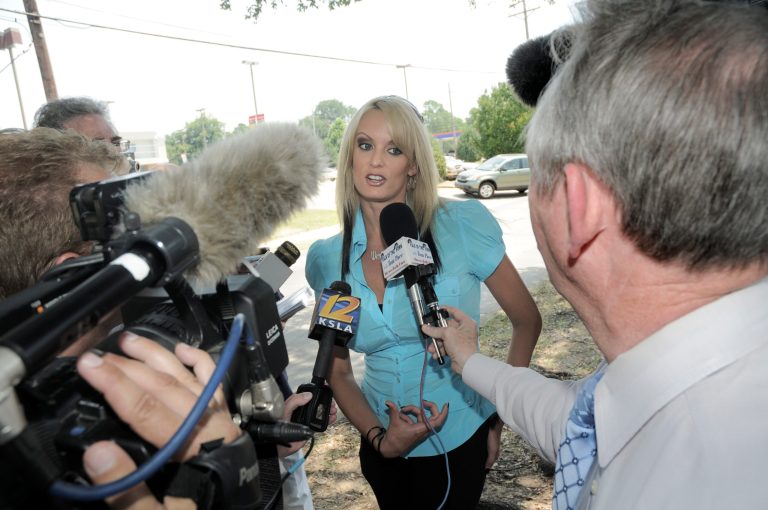 Porn star Stormy Daniels, who says she plans to make a serious run against incumbent U.S. Sen. David Vitter, talks with the media outside of the Southfield Grill in Shreveport, La., on Friday, July 3, 2009.