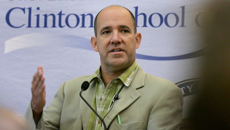 Matthew Dowd speaks at the University of Arkansas Clinton School of Public Service in Little Rock, Ark.