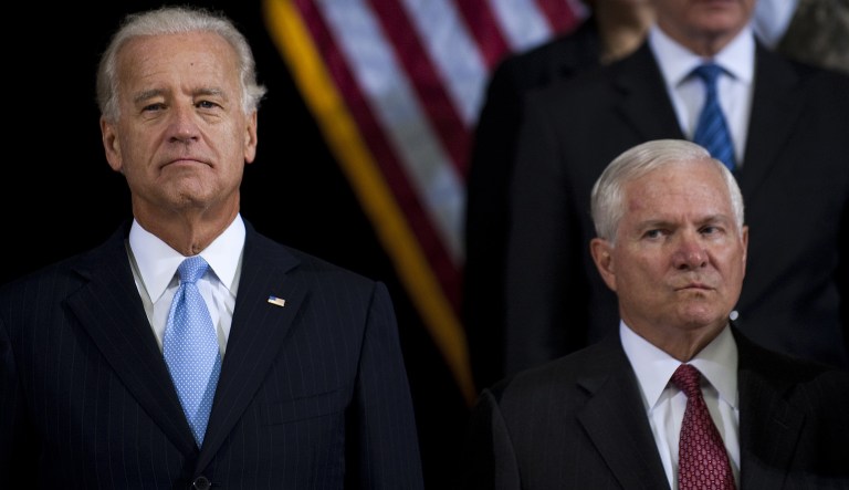 Secretary of Defense Robert Gates and Vice President Joe Biden attend a change of command ceremony in Baghdad on Sept. 1, 2010.