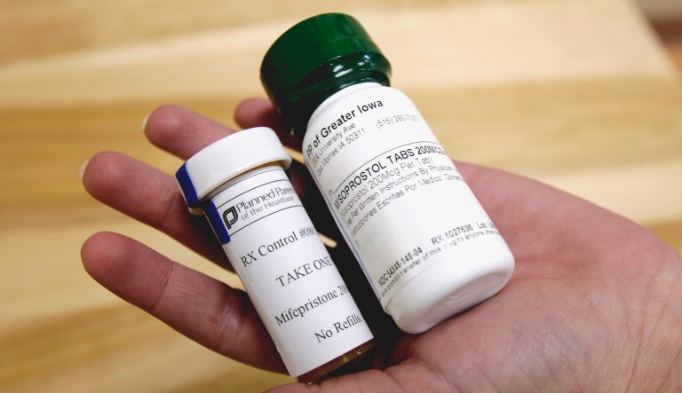 This photo shows a bottle of the abortion-inducing drug RU-486 (pictured left), as well as a bottle of misoprostol.