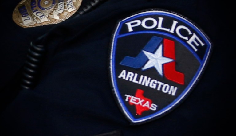 A police officer patch is seen in Arlington, Texas.
