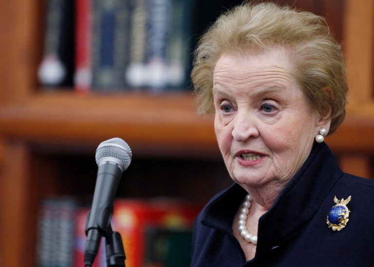 Chicago NATO Host Committee Co-Chair, Former Secretary of State Madeleine Albright, visits with students Lindblom Math & Science Academy, Tuesday, April 10, 2012, in Chicago. Albright joined the host committee today in unveiling a series of new programs designed for students interested in learning more about the NATO Summit taking place in Chicago in May.