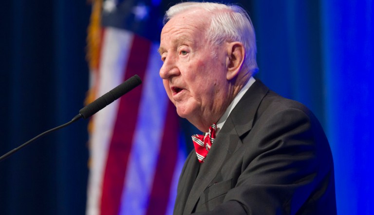 Former U.S. Supreme Court Justice John Paul Stevens speaks at a lecture presented by the Clinton School of Public Service in Little Rock, Ark., Wednesday, May 30, 2012.