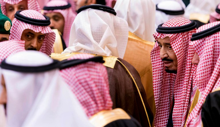 Saudi Arabia's King Salman talks to members of the royal family in Riyadh, Saudi Arabia.