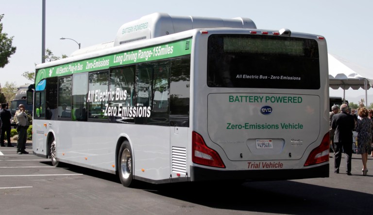 Seen at the announcement of the opening of an electric bus manufacturing plant by the Chinese firm BYD, in the Southern California city of Lancaster Wednesday, May 1, 2013.  BYD, known as Build Your Dream, is a major producer of batteries and electric vehicles in China.