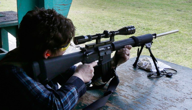 Washington state Sen. Pam Roach, R-Auburn, fires her Colt AR-15 semi-automatic rifle at a target at the Evergreen Sportsmen's Club in Olympia, Washington.