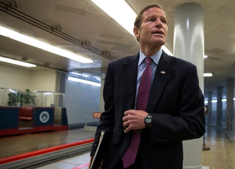 Sen. Richard Blumenthal, D-Conn., heads to the Senate chamber on Capitol Hill in Washington, D.C.