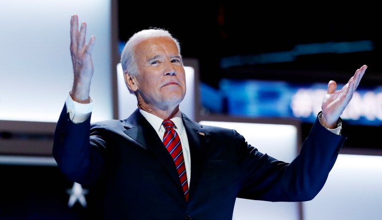 Joe Biden gestures as he takes the stage during a session of the 2016 Democratic National Convention in Philadelphia.