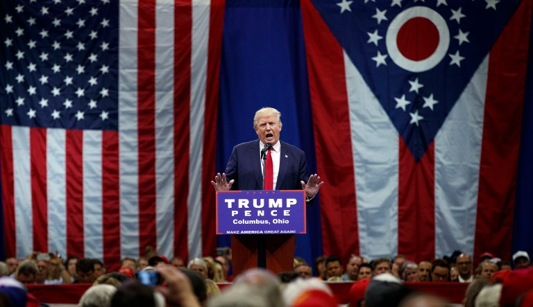 Republican presidential candidate Donald Trump speaks during a town hall event, Monday, Aug. 1, 2016, in Columbus, Ohio.