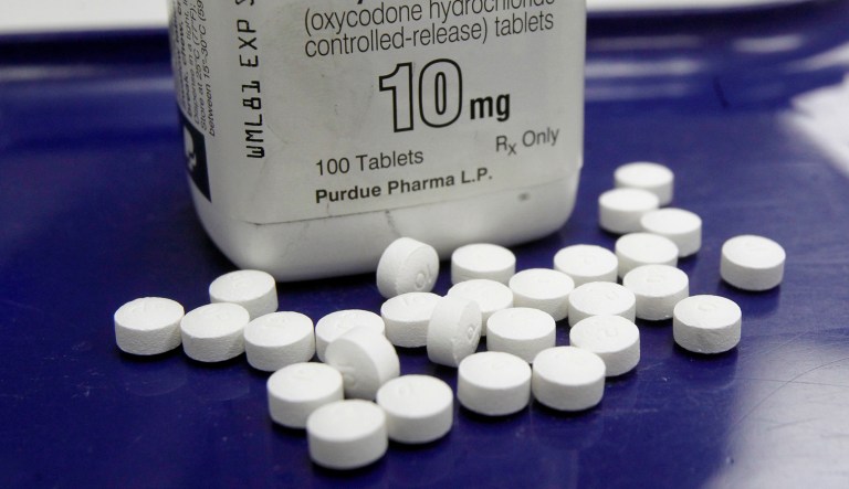 This file photo shows OxyContin pills arranged for a photo at a pharmacy in Montpelier, Vt.