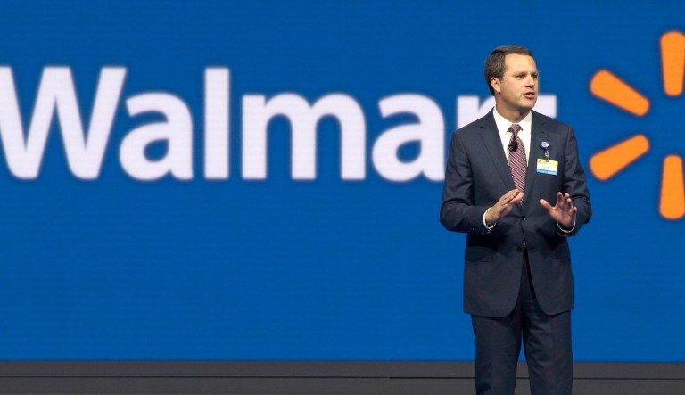 Wal-Mart CEO Doug McMillon speaks at the company's shareholder meeting in Fayetteville, Arkansas.