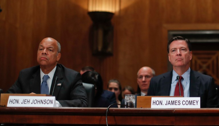 Former Homeland Secretary Jeh Johnson, and ex-FBI Director James Comey testify on Capitol Hill in 2016. 