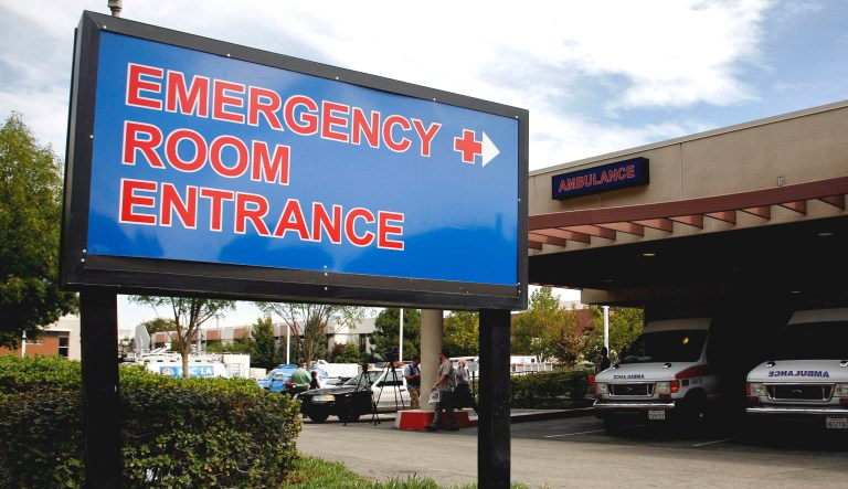 This shows an emergency room entrance at a hospital in Santa Clarita, Calif.