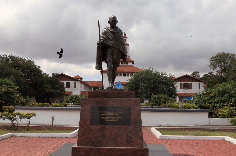 In this Thursday, Sept. 22, 2016 file photo, a statue of Indian independence leader Mohandas Gandhi in Accra, Ghana,  Ghana has expressed its intention to remove a statue of Indian independence leader Mohandas Gandhi from a university in the capital, citing a controversy over what critics call his âracist identity.â