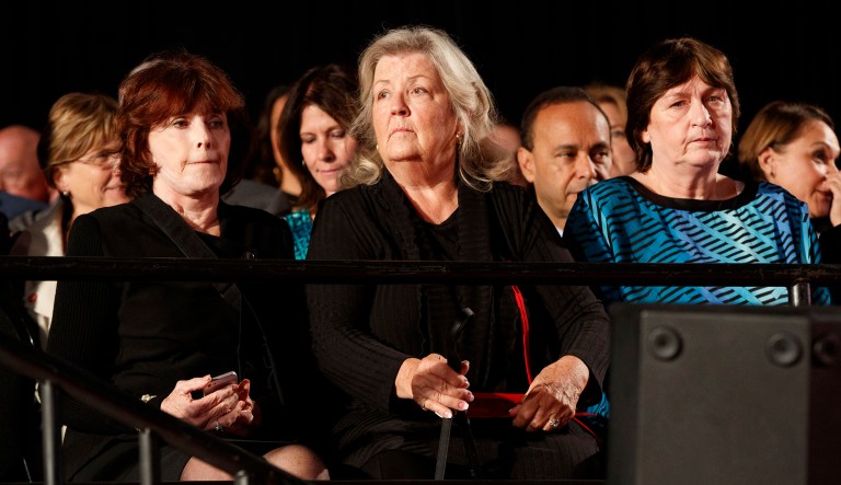 Kathy Shelton, right, Juanita Broaddrick, center, and Kathleen Willey arrive for the second presidential debate between Republican presidential candidate Donald Trump and Democratic presidential candidate Hillary Clinton at Washington University, Sunday, Oct. 9, 2016, in St. Louis.