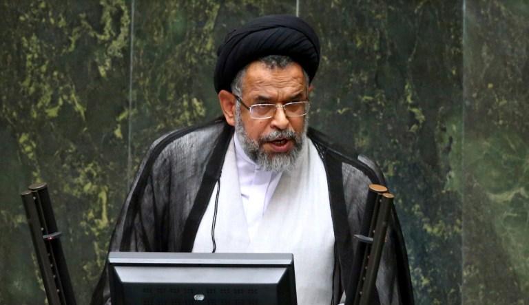 Iranian Intelligence Minister Mahmoud Alavi answers questions from lawmakers in an open session of parliament in Tehran, Iran.