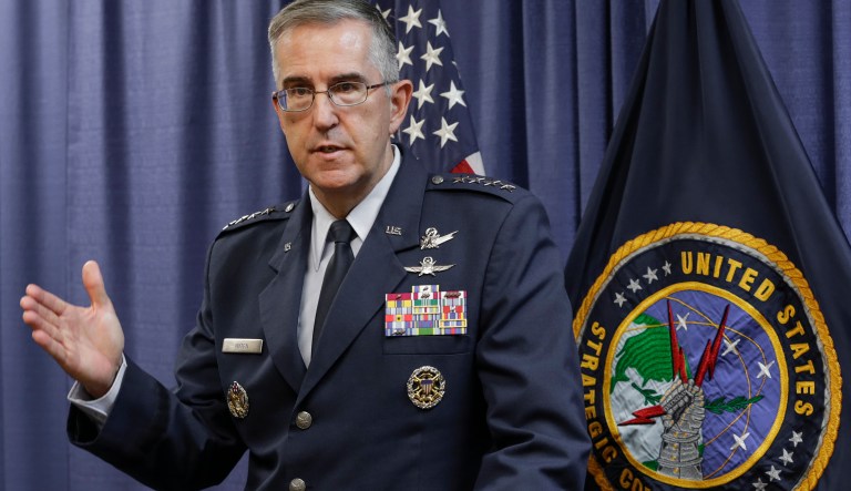 Gen. John Hyten, the incoming commander of the United States Strategic Command, speaks to reporters following a change of command ceremony at Offutt Air Force Base in Bellevue, Neb., Thursday, Nov. 3, 2016.