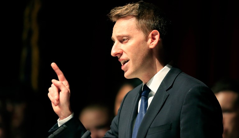 Democrat Jason Kander concedes to Sen. Roy Blunt, R-Mo., during an election watch party at the Uptown Theater in Kansas City, Mo., Wednesday, Nov. 9, 2016.