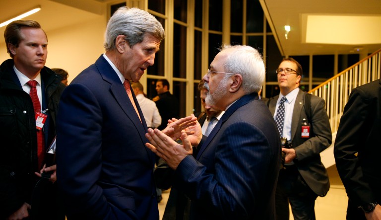 Former Secretary of State John Kerry talks with Iranian Foreign Minister Mohammad Javad Zarif in Vienna. 