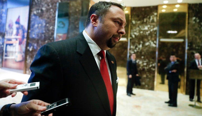 Jason Miller, a senior adviser to President-elect Donald Trump, walks away after speaking to media at Trump Tower, Wednesday, Nov. 16, 2016, in New York. 