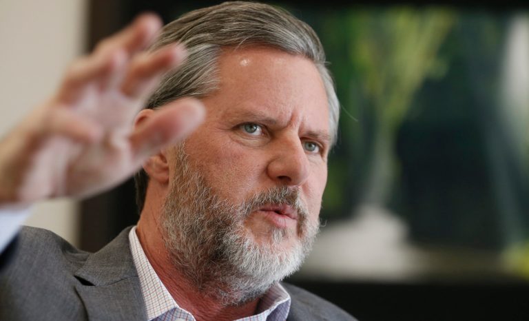 Liberty University president Jerry Falwell Jr., gestures during an interview in his offices at the school in Lynchburg, Va., Wednesday, Nov. 16, 2016. 