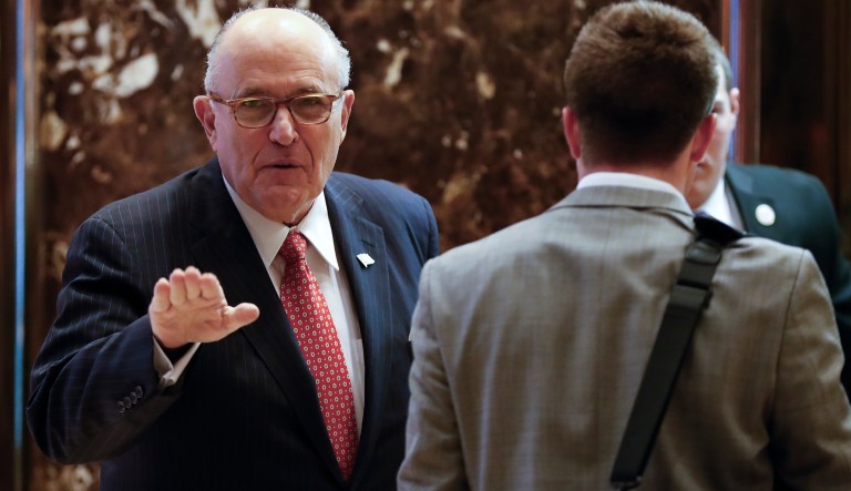 Former New York City Mayor Rudy Giuliani arrives at Trump Tower, Tuesday, Nov. 22, 2016, in New York. 