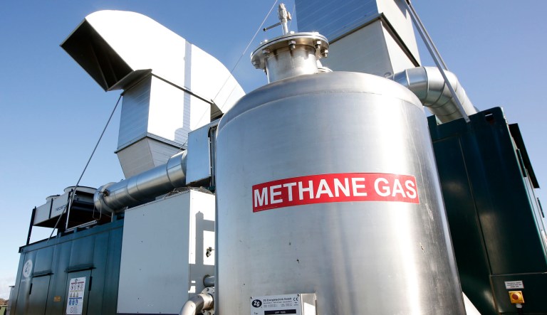 A tank labeled "methane gas" is seen in Galt, California.