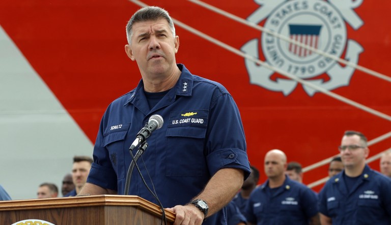 U.S. Coast Guard Vice Admiral Karl Schultz speaks during a news conference where the Coast Guard announced that more than 26 tons of cocaine worth at least $715 million had been seized by the Coast Guard Cutter Hamilton, Thursday, Dec. 15, 2016, in Fort Lauderdale, Fla. The cocaine was brought ashore Thursday following multiple recent seizures by the U.S. Coast Guard and the Royal Canadian Navy in the eastern Pacific.