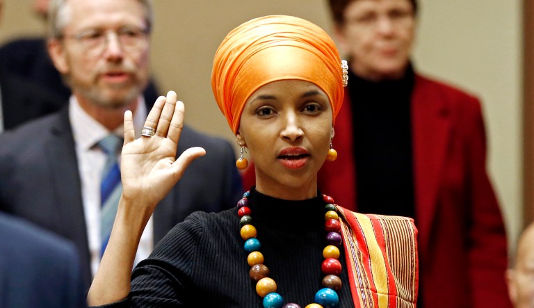 State Rep. Ilhan Omar takes the oath of office as the 2017 Legislature convened on  Jan. 3, 2017, in St. Paul, Minn. Omar is the nation's first Somali-American to be elected to a state legislature.