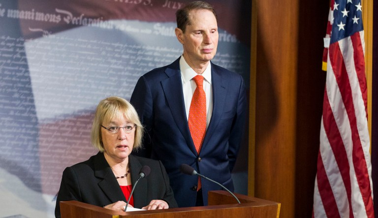 Sen. Patty Murray, D-Wash., flanked by Senate Minority Leader Charles Schumer of N.Y., left, and Sen. Ron Wyden, D-Ore. speaks during a news conference on Capitol Hill in Washington, Thursday, Jan. 5, 2017, to discuss the nomination of Rep. Tom Price, R-Ga. to become Health and Human Services secretary. 
