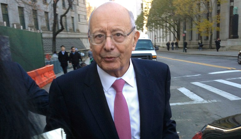 FILE - In a Friday, Dec. 4, 2015 file photo, former U.S. Sen. Alfonse D'Amato leaves Manhattan federal court in New York. Former U.S. Sen. Alfonse D'Amato of New York was escorted off a plane Monday night, Jan. 9, 2017, in Fort Lauderdale, Florida for making a commotion after a 6Â½-hour delay. A witness told the New York Post  that passengers were already cranky when the JetBlue crew asked people who'd paid for extra legroom to switch seats because of weight and balance issues.  