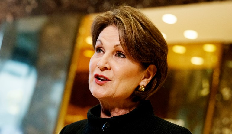 Lockheed Martin CEO Marillyn Hewson talks to reporters.