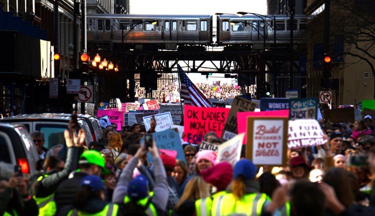 Protesters protest newly inaugurated President Trump during a women's march on Jan. 21, 2017 in Chicago.